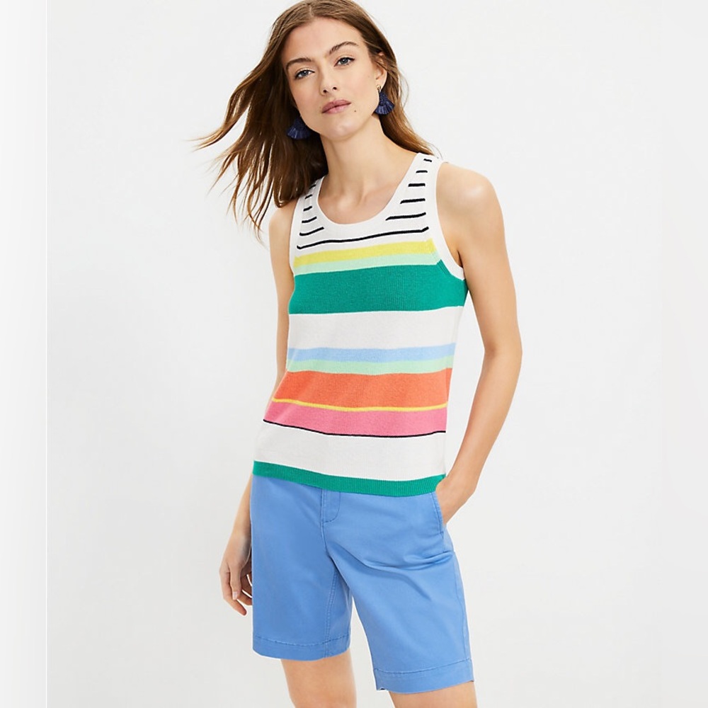 Loft Lightweight Knit Sweater Tank Top 100% Cotton in Bright Stripes Size XL